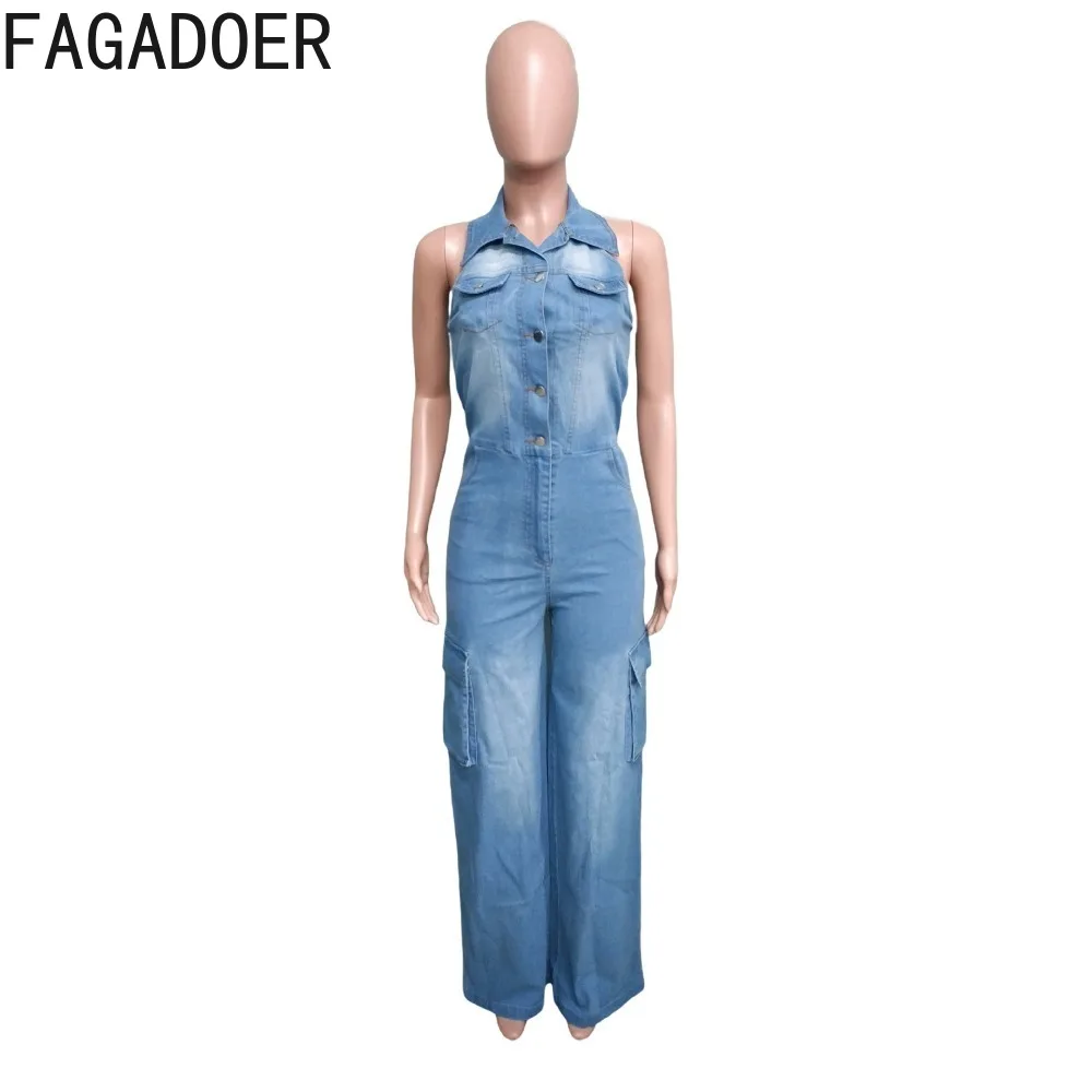 FAGADOER Retro 90s Denim Jumpsuits Halter Lapel Single-Breasted Quality Stretch Summer 2024 Fashion Streetwear Casual Playsuits