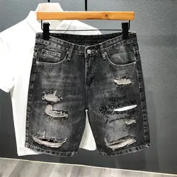 Harajuku New Casual Summer Short Jeans Ripped Hole Luxury Cargo Designer Knee Length Mens Denim Cotton Loose Black Grey Shorts