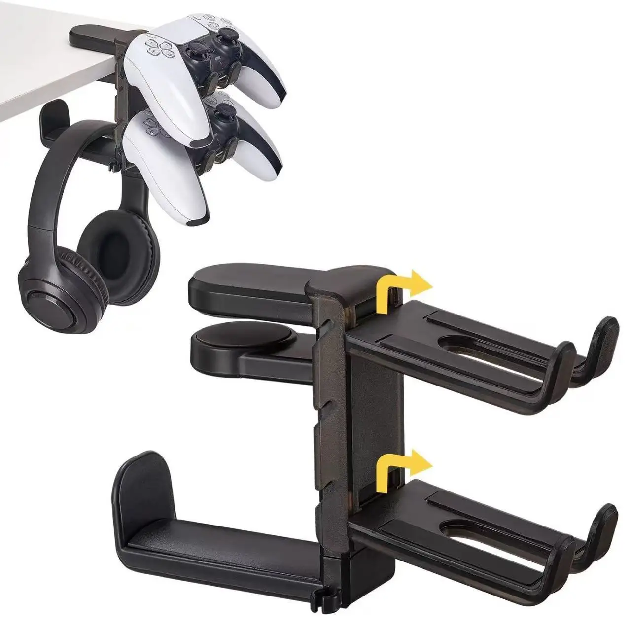 3-in-1 Under Desk Headphone Hanger W/ Controller Holder, Adjustable Clamp, Rotatable Hook for PS5/Xbox, Cable Organizer