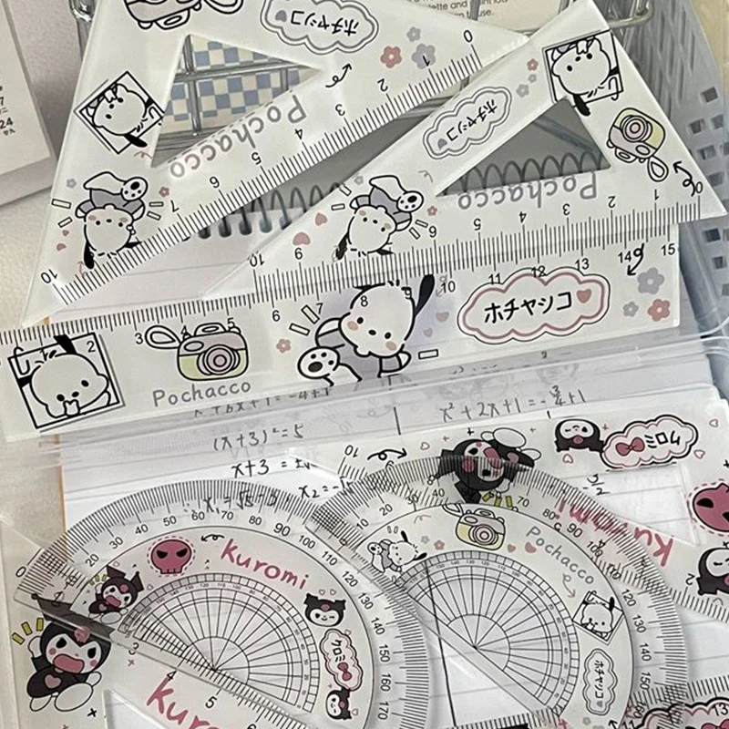 Sanrio Anime Kawaii My Melody Hello Kitty Ruler Set Cute Kuromi Cartoon Students Stationery Triangle Protractor Set Kids Gifts