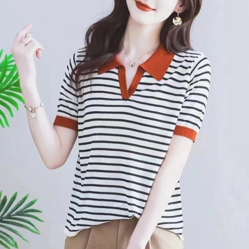 2024 Summer New Commuter Knitwear T-shirt Women\'s Ice Silk Breathable POLO Neckline Fashion Simple Short Sleeve Striped Top