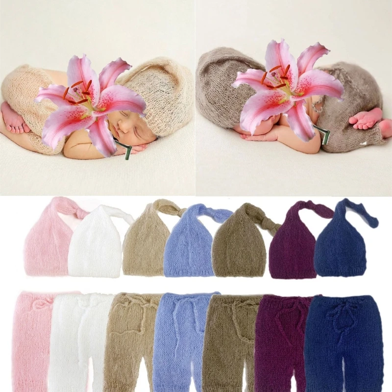 Photography Props Suit for Baby Girls 0-2M Photo Costume Knit Pants Beanie Cap Newborn Milestones Photo Clothing 2pcs