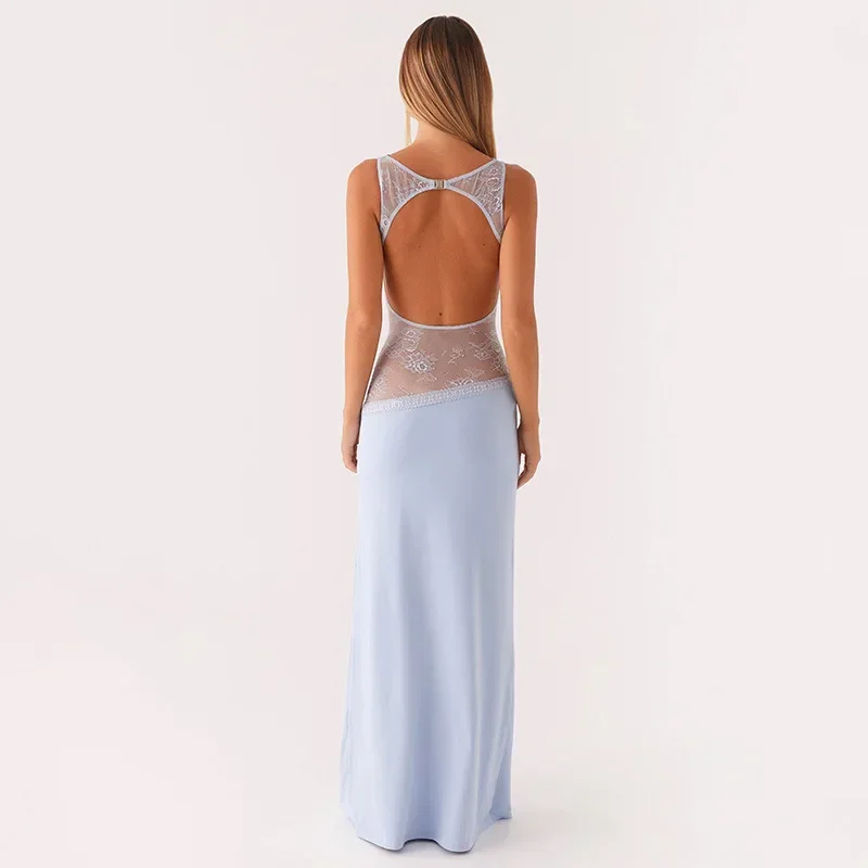 

2025 New European and American Summer Sexy Slim Fit Long Dress with Lace Satin Patchwork Backless Long Dress, Slimming Dress
