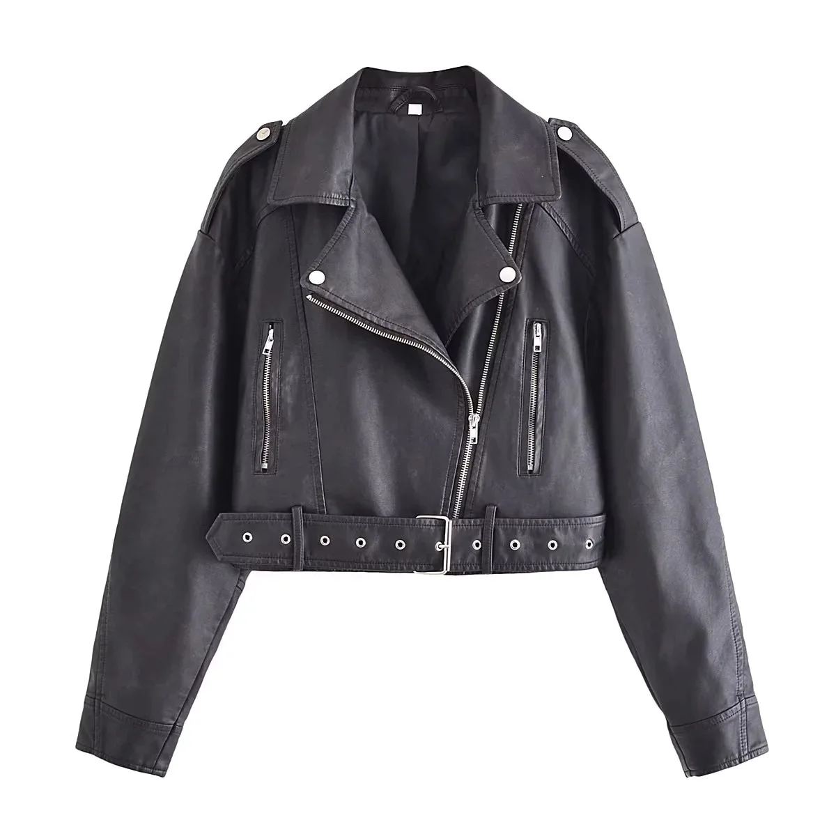 Women Vintage Streetwear Pu Faux Leather Cropped Jacket Female Retro Moto Biker With Belt Zipper Coat Lady Outwear Coats