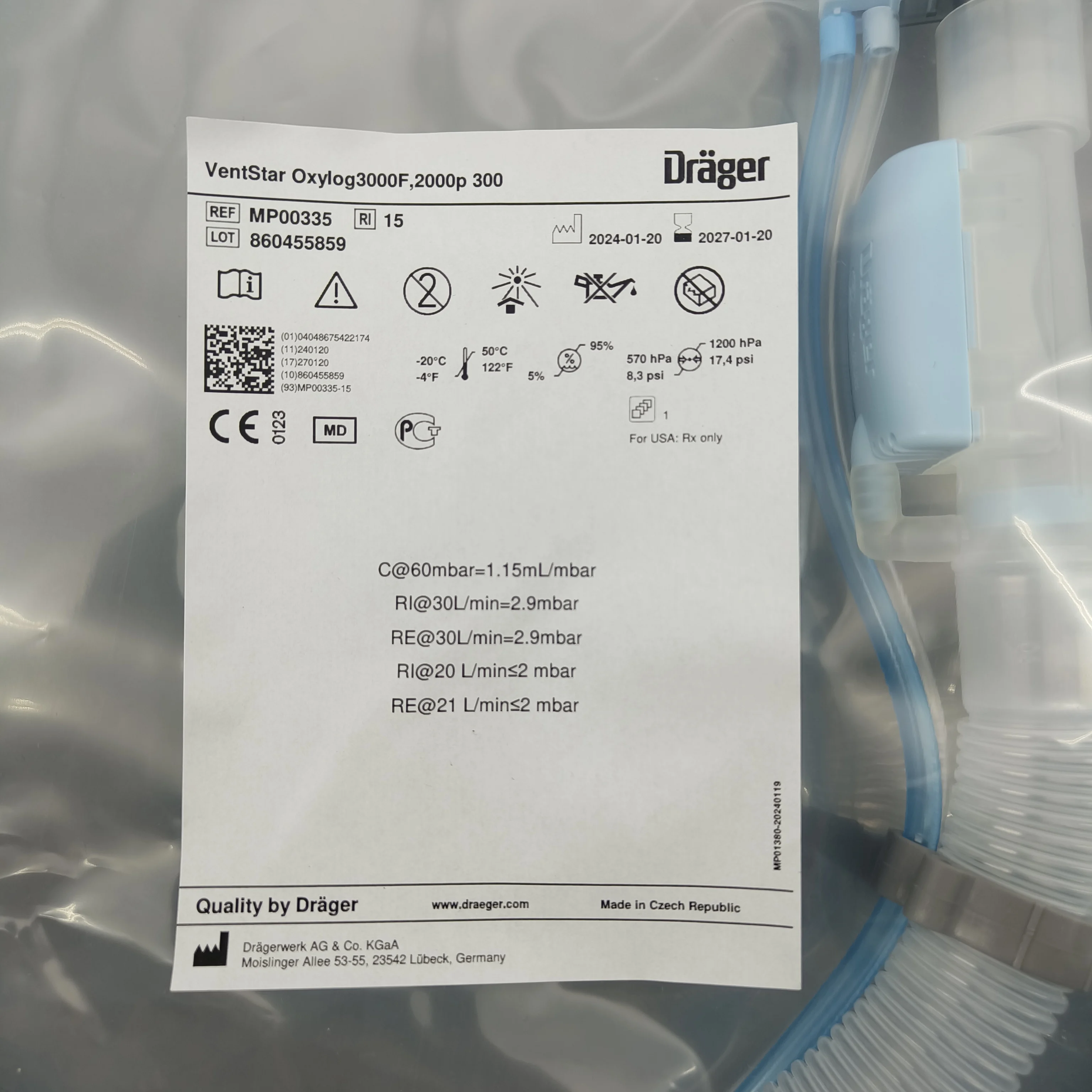 Draeger Disposable Breathing Tube MP00335 VentStar Oxylog 3000 Family 2000 Plus 300