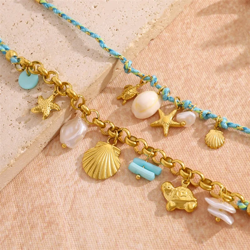 EILIECK Ocean Series Edelstahl Seestern Muschel Anhänger Halskette Armband Set Exklusive Kordelkette Schmuck für Damen – Detail 19