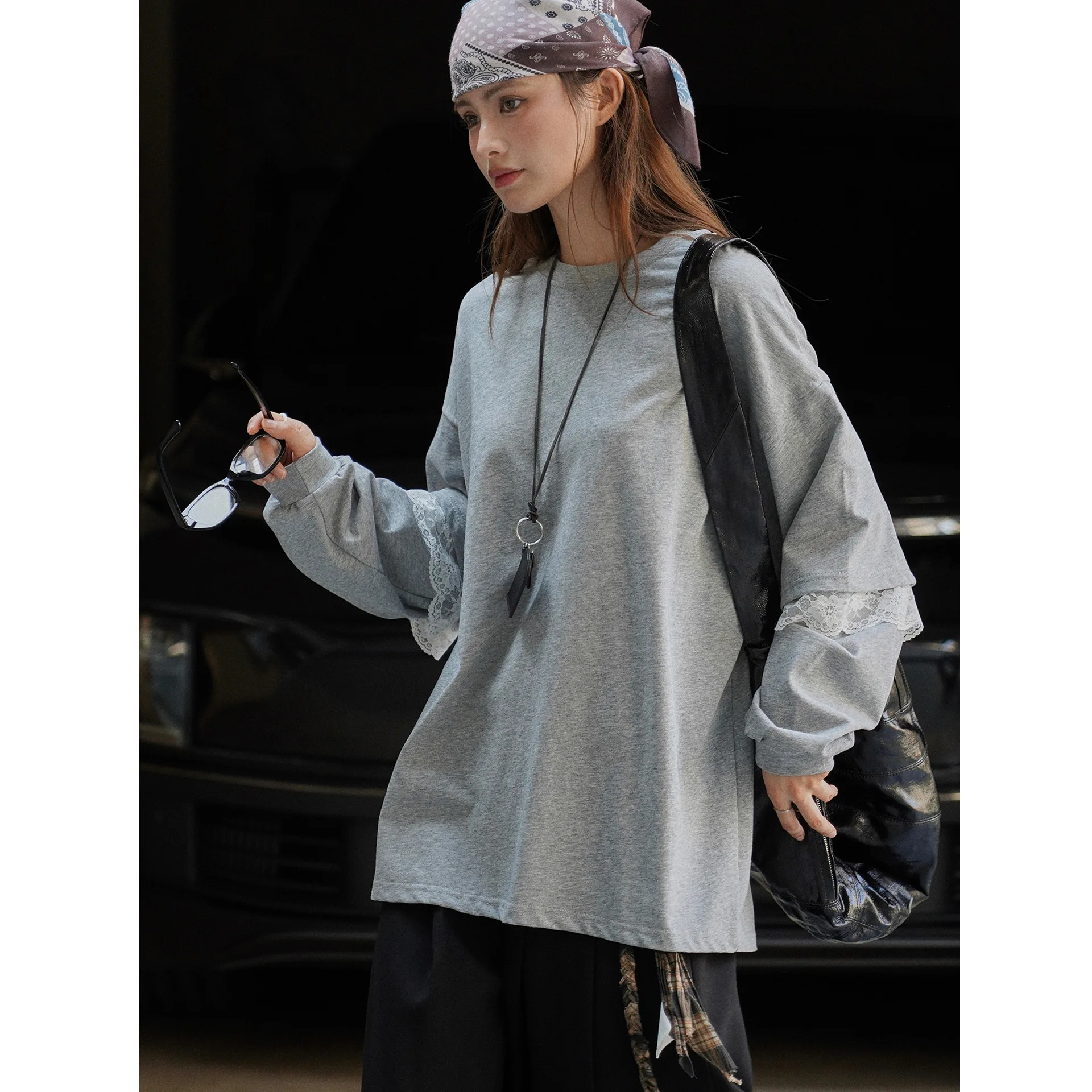 

Autumn Casual Simple Lace Trim Patchwork T Shirt Fake Two-piece Long Sleeve Top For Women