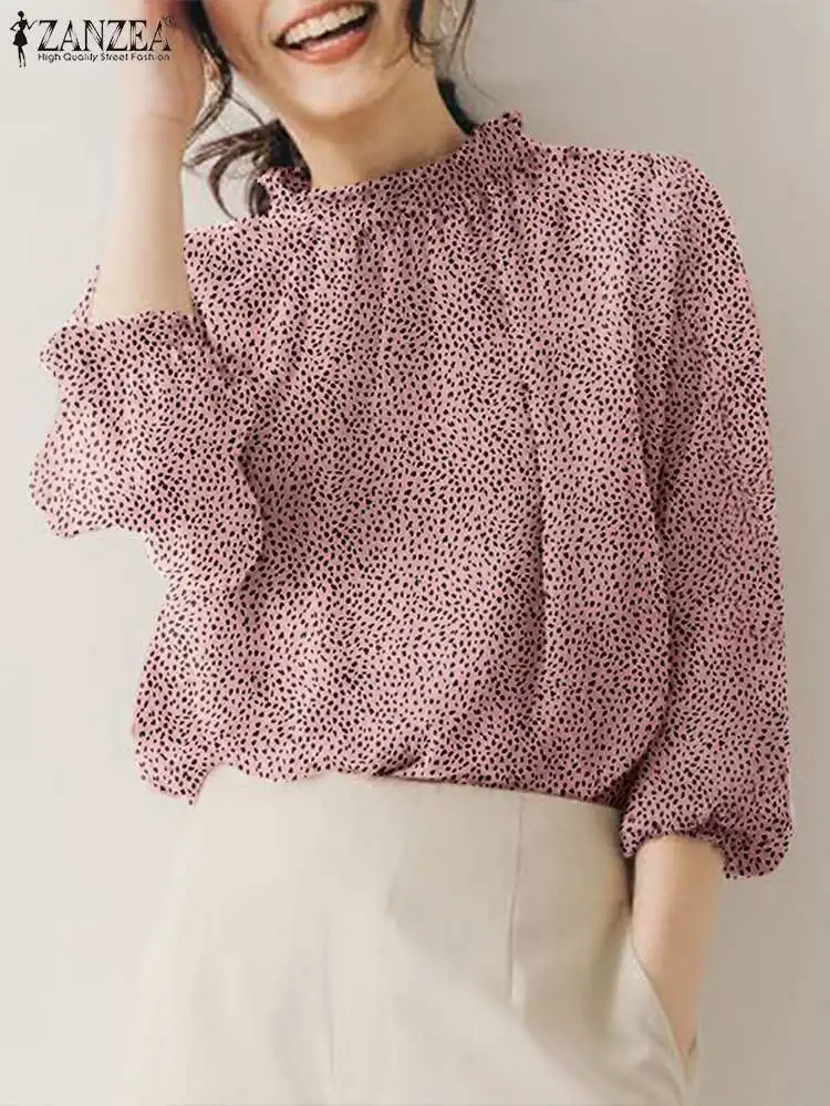 ZANZEA Women Leopard Print Blouse Fashion 3/4 Lantern Sleeve Shirt 2023 Autumn Elegant Tunics Casual Stand Collar Pleated Tops