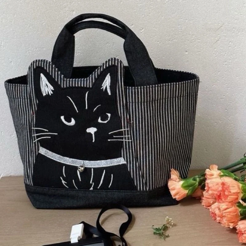 HAEX Harajuku Women Tote Bags Fashion Embroidered Cartoon Cat Handbags Casual Canvas Daily Commute Bolso Mujer with Cute Tail