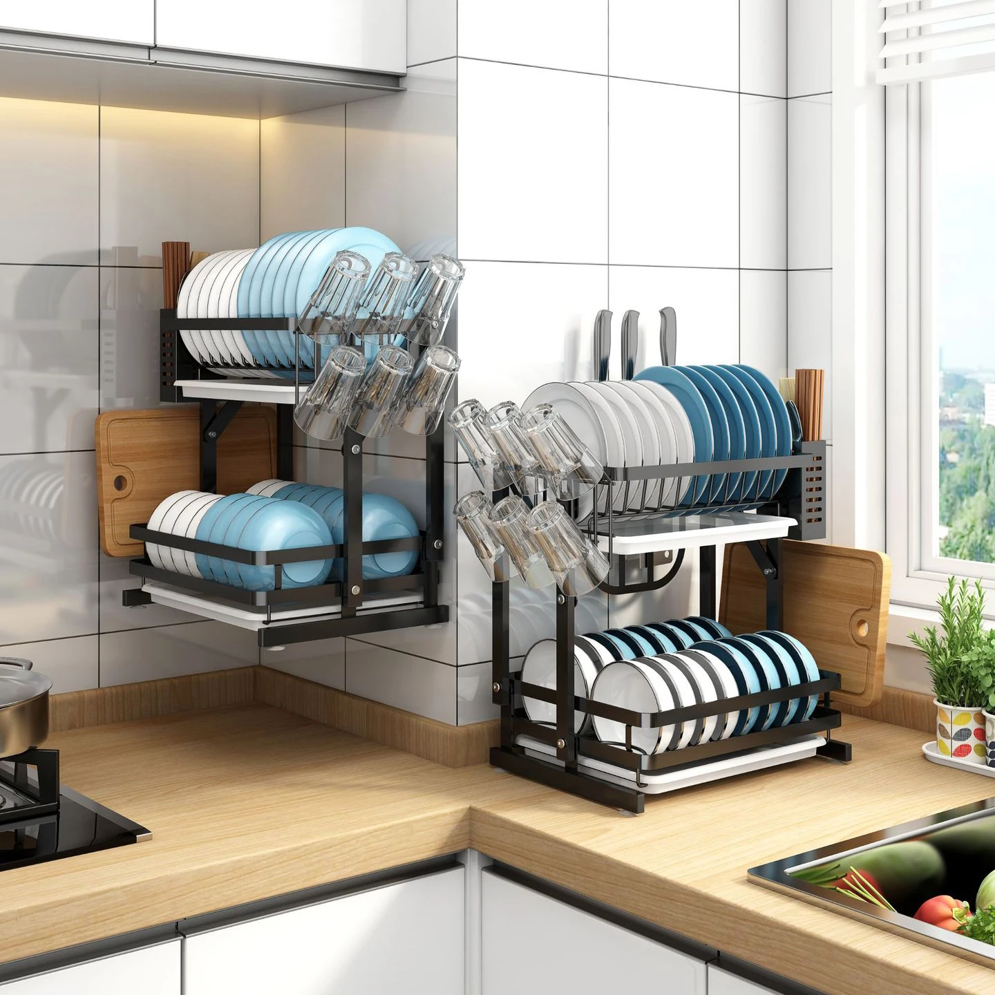 Multi Purpose Small Kitchen 2 Tier Collapsible Dish Drying Rack Folding Kitchenware Wall Mounted Metal Modern Simple