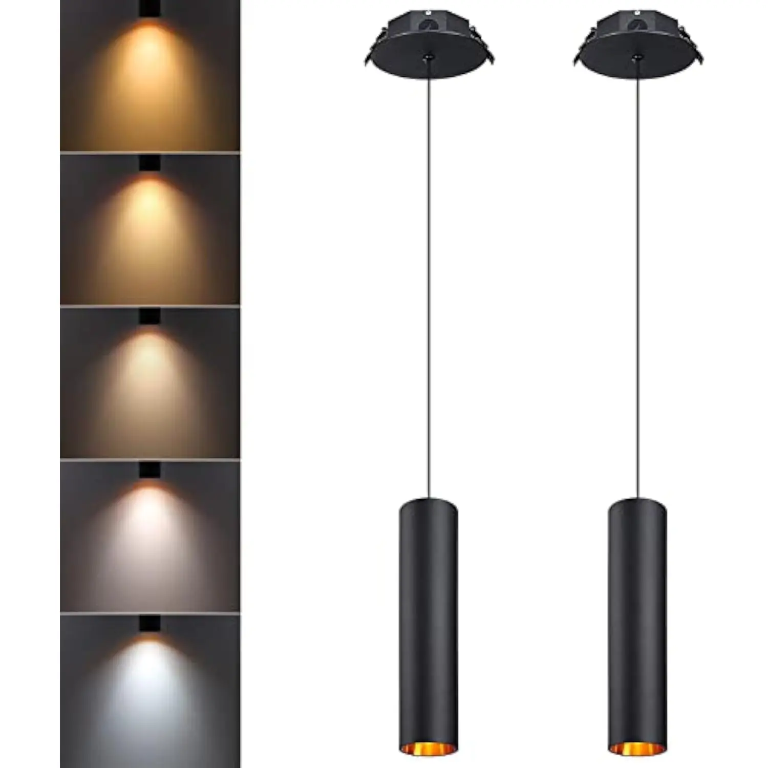 

2-Pack 5 Color Dimmable Led Black Cylinder Pendant Light with Included Junction Box, 110V-277V Cri90 Dimmable Spotlight, Ip65
