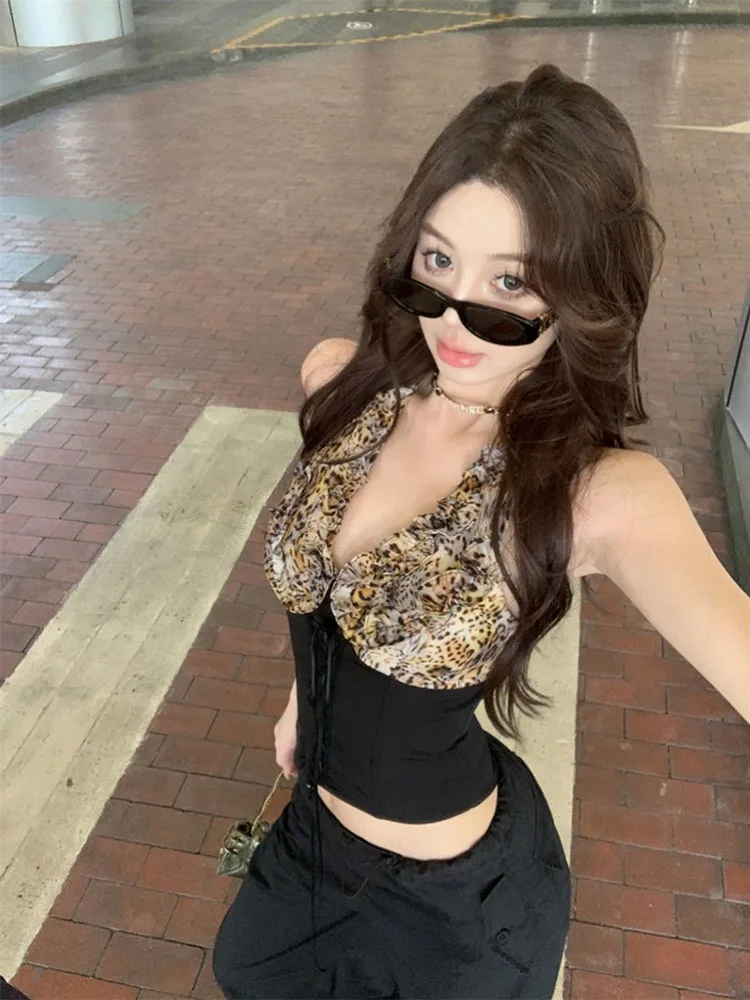 ليوبارد طباعة المرقعة الخامس الرقبة الرسن الأعلى المرأة الصيف سليم صالح بلا أكمام تصميم فتاة حار مثير النمط الأمريكي