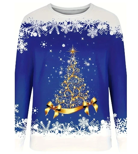 Women's Sweatershirt 2024 Autumn Winter Latest 3D Effect Christmas Tree Print Long Sleeves Top Round Neck Comfortable Pullover