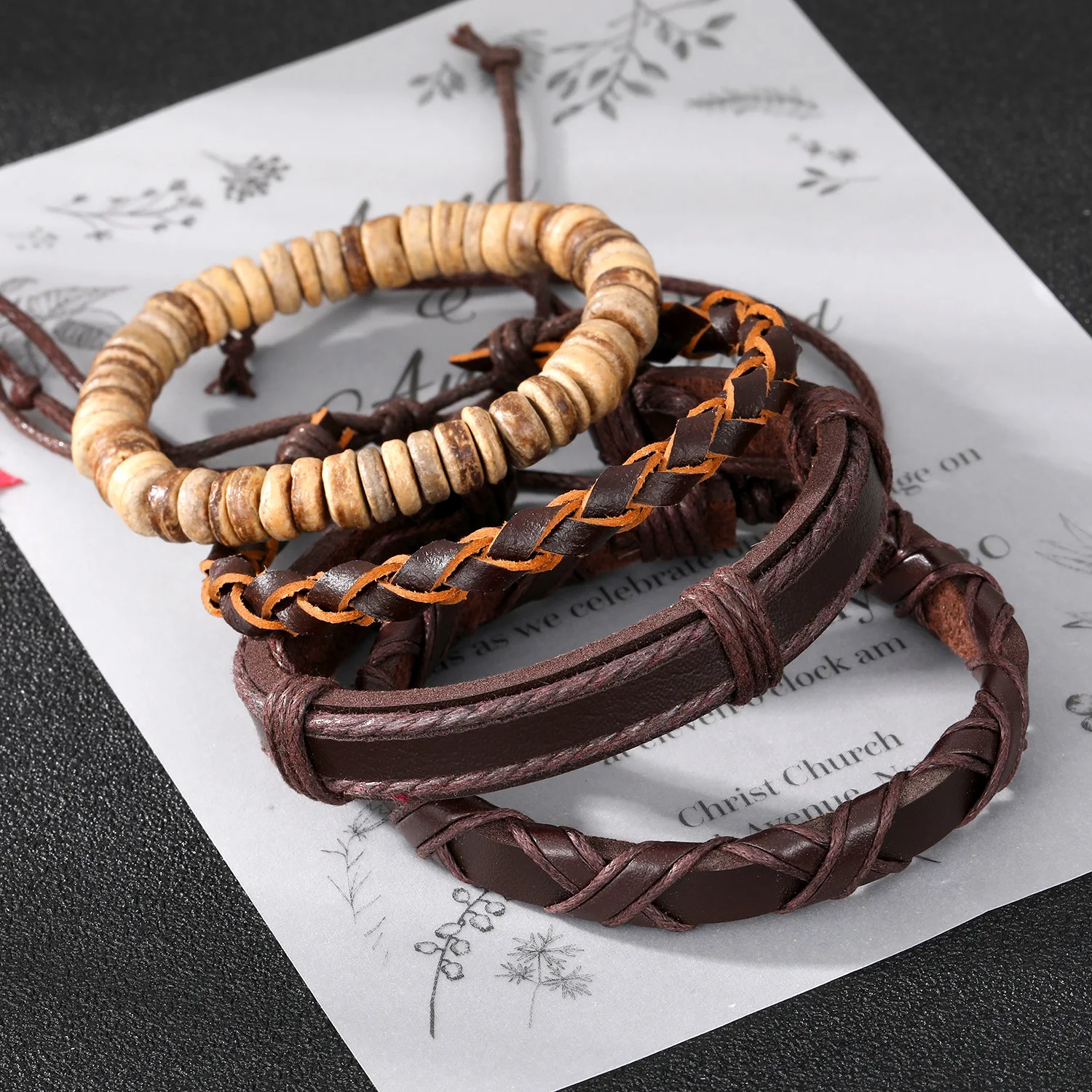 Retro Handgewebte Holzperlen Mehrschichtige Armbänder Hip-Hop Leder Kokosnussschale Herrenarmbänder Modeschmuck Trendige Accessoires – Detail 3