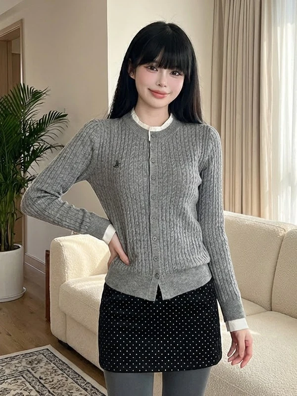 

Spring 2026 ey Knitted Sweater Women's Slim Fit round Ne Fake Two-Piece Sle Long Sve Cardigan Top Age-Defng Faion