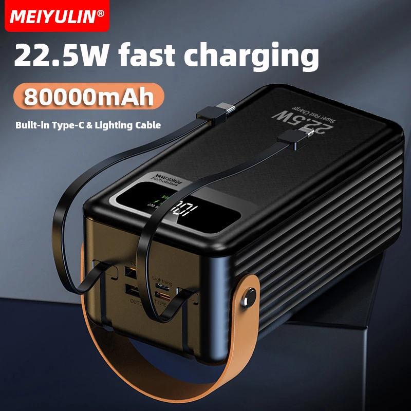 80000mAh Large Capacity Power Bank for IPhone 16 Xiaomi Samsung Portable 22.5W USB C Cable Fast Charging External Spare Battery