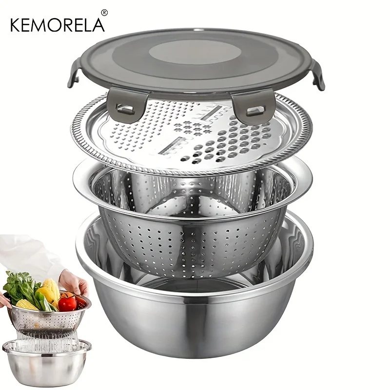 4-in-1 Stainless Steel Kitchen Multifunctional Basin with Lid Airtight Rice Washer Drain Colander Ginger Cheese GraterEssential