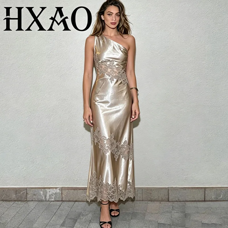 

HXAO Women's Dress Lace Satin Vestido Backless One Shoulder Sleeveless Long Dress Summer Elegant Party Night Wedding Gowns
