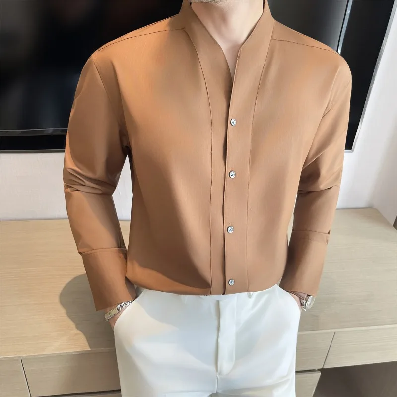 Camisa con cuello en V para hombre, estilo británico, antiarrugas, suave, liso, informal, elástico, ajustado, Top, vestido de manga larga, camisa, ropa de moda para hombre