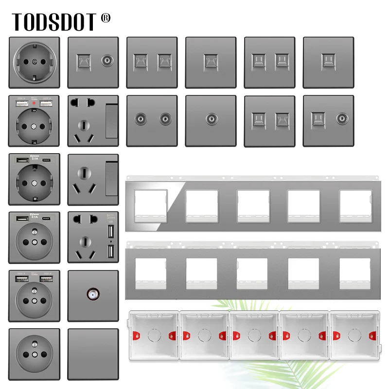 5 Frame DIY Conjoined Wall Socket Rj45 Cat 6 | Tel | Cable CATV Satellite TV, Chinese Plug ON/OFF Grey Blank Panel 430*86mm