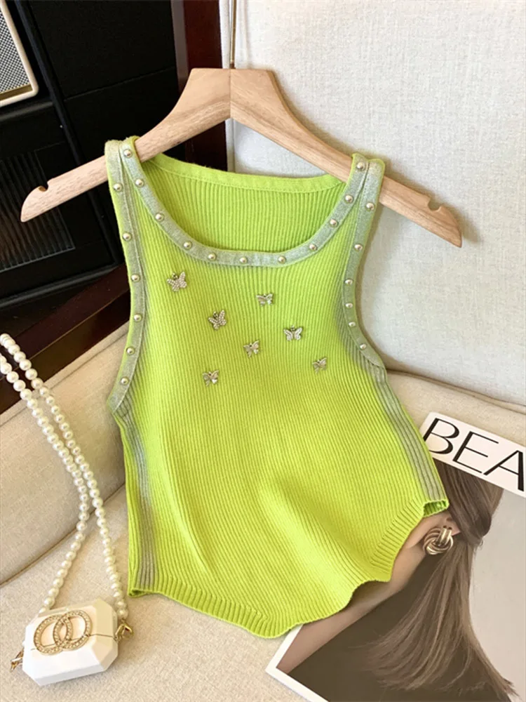 New Fashion Sweet Bowknot Knit Sweater Vest Women\'s Crop Tops 2024 Summer Sleeveless O-neck Knitwear Sexy Pullovers Female