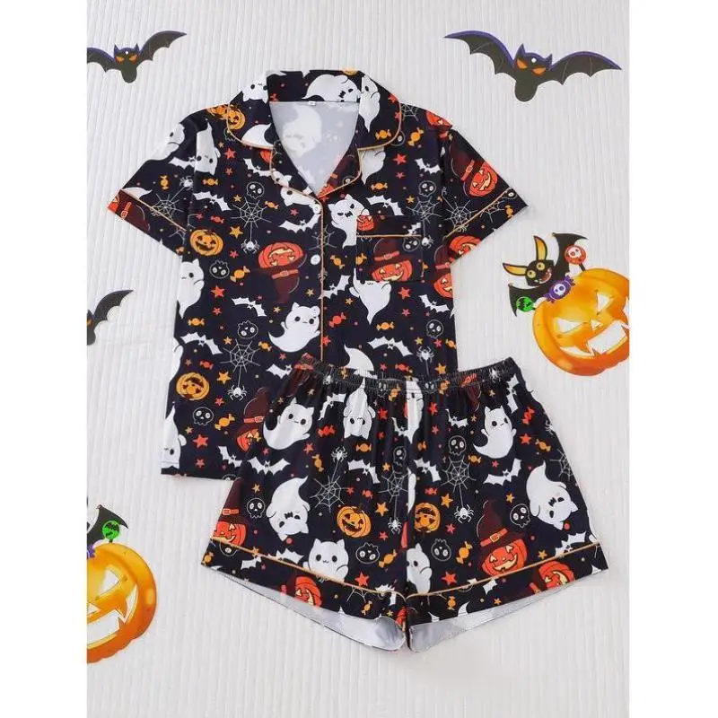 

Casual loween Print Collared Pajama Set for Men And Women Comfortable Seven Sve Spwear Suit Autumn Season Wear
