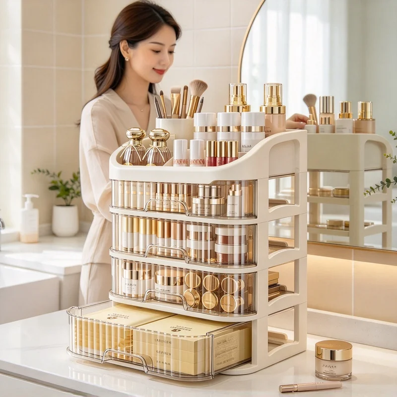 1Pc Multi-layer Makeup Storage Box, Cosmetic Organizer for Lipstick, Eyeshadow & Skincare Lotion, Desktop Holder for Dresser