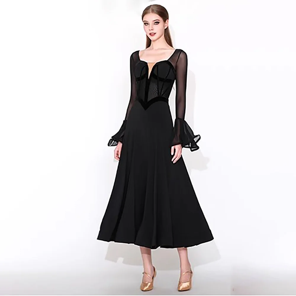 2025년 신상 우아한 볼룸 댄스 드레스 여성 공연 모던 댄스 연습 의상 긴 소매 탱고 왈츠 댄스복