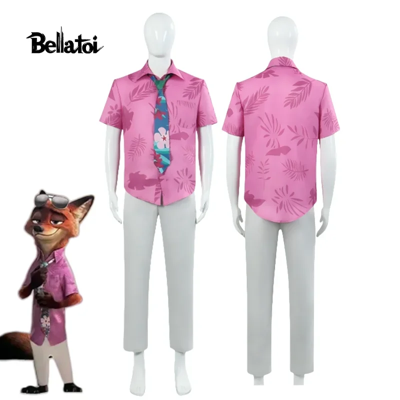 2025 New Zootopia 2 Fox Nick Anime Cosplay Costume  Fancy Hawaii Printed Shirt Pants Tie Halloween Summer Party Disguise Suits