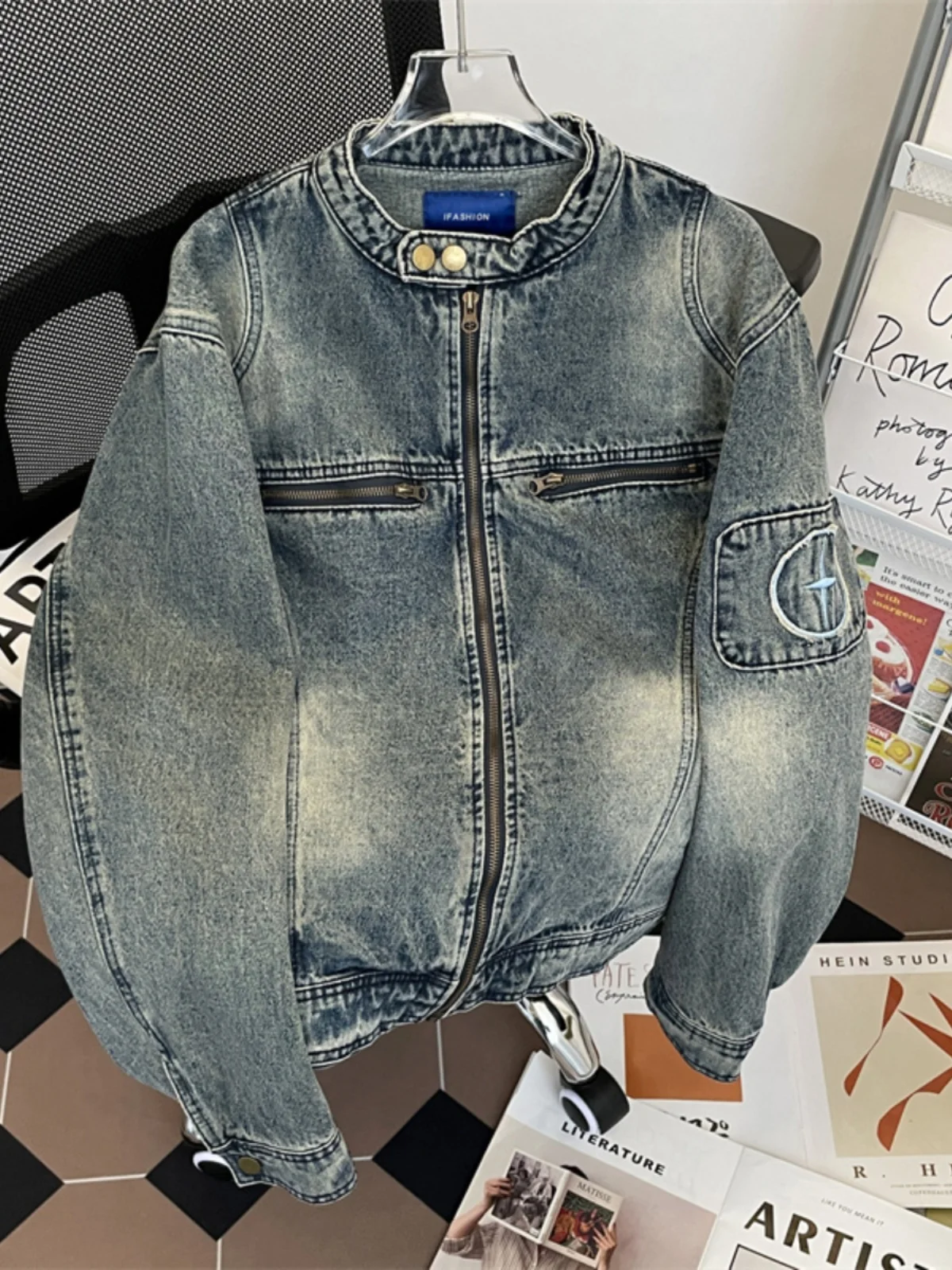 

Retro American Cleanfit Denim Jaet Men's Loose Stand Collar Jaet Vintage Trendy Workwear Clothes Spring Autumn Season