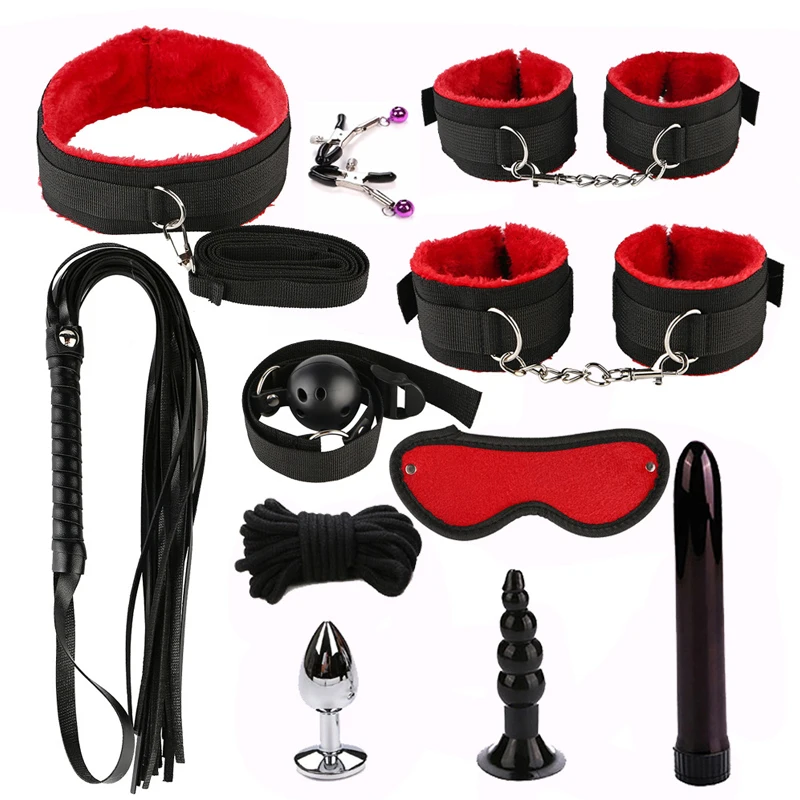 11PCS BDSM Bed Restraints Sex Toy Kits Handcuffs 18+ Adult Sex Game Sexy Suit Nipple Clipper Mouth Gag Whip Sex Feather Soft SM