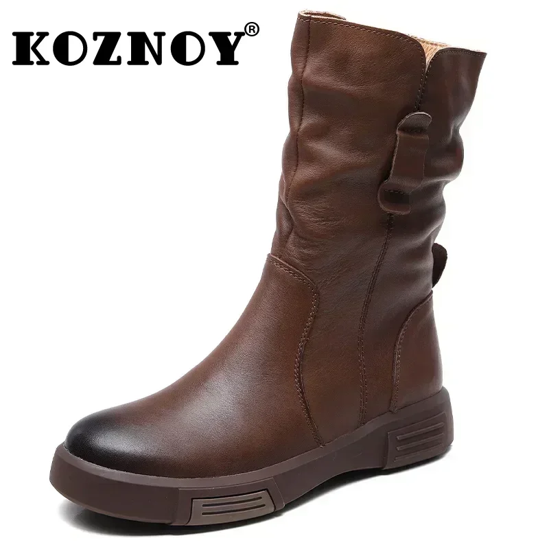 Koznoy 3.5cm Ankle Boots Cow Genuine Leather Motorcycle Platform Wedge Spring Winter Plush Knee High Women Autumn Fashion Shoes