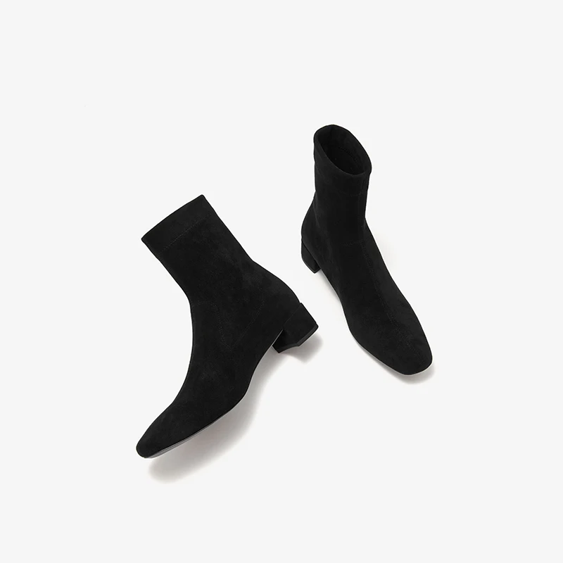 BEAUTODAY Ankle Boots Women Stretch Fabric Square Toe Solid Color Sewing Sock Boots Slip-on Ladies Shoes Handmade 03720