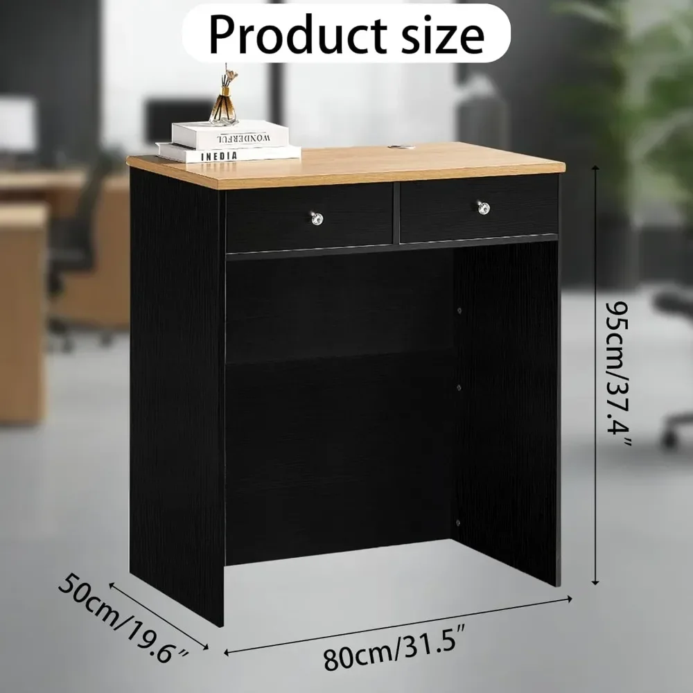 Small Reception Desk,Modern Front Desk Retail Counter Table Checkout Table with 2 Drawers for Retail Home Offices(Black)