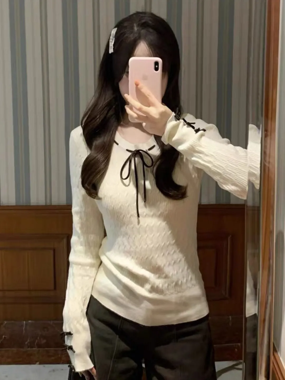 

Korean Sle Slim Fit round Ne Tie Waist Top Women's Spring Gentle Personali Base irt Faionable Ci Walk Knitwear