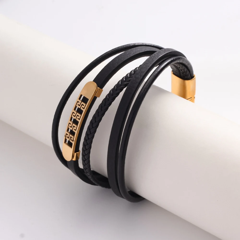 A Customizable Greek Pattern Men's Multi-Layer Braided Microfiber Leather Bracelet, Featuring Classic, Luxurious, and Trendy Design, Suitable for Daily Wear, Commuting, and Casual Outfits, Making It an Ideal Gift for Birthdays, Father's Day, Valentine's Day, and Anniversaries