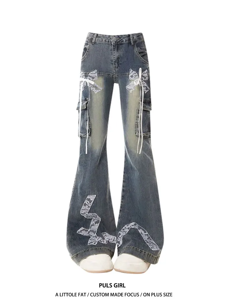 

High Waist Bell Bottom Denim Jeans Women's Lace Knot American Style Spicy Girl Fall New Trendy Floor Length Pants