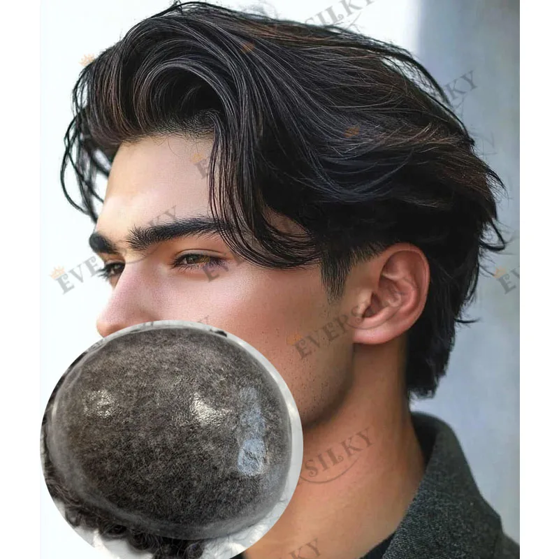 

100% Human Hair Silky Straight Man's Wigs Undetectable Natural Hairline 6Inch Long Hair System Prosthesis Black Brown Hairpieces