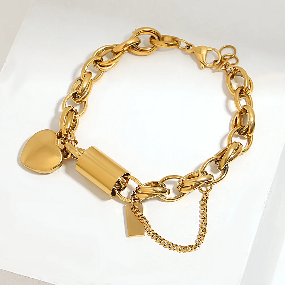 DZ Gold Color Thick Chain Stainless Steel Bracelets for Women Fashion Design Heart Love Pendant Wrist Jewelry