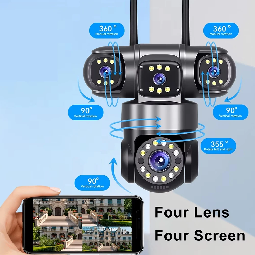 20MP 10K HD WiFi PTZ IP Camera Outdoor Four Lens Four Screens Security Video Monitor Color Night Vision CCTV Camera HiEasy APP