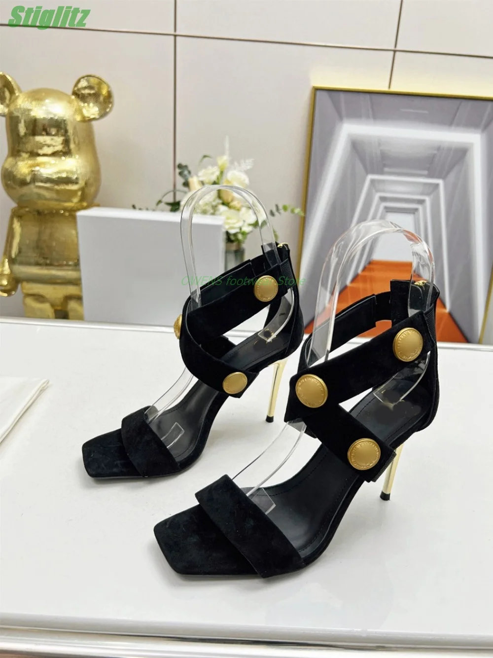 Cross Straps Sandals Metal Thin High Heel Sexy Black Women Shoes Square Toe Zip Fashion Summer Strappy Party Shoes Button