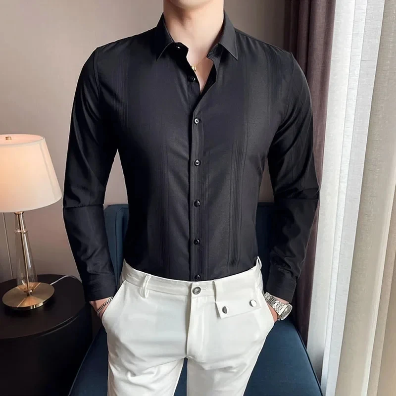 Men's Long Sleeve Business Formal Shirts Casual Button-down Slim Fit Striped Dress Shirt Men Spring Korean Solid Shirt Men 4XL-M