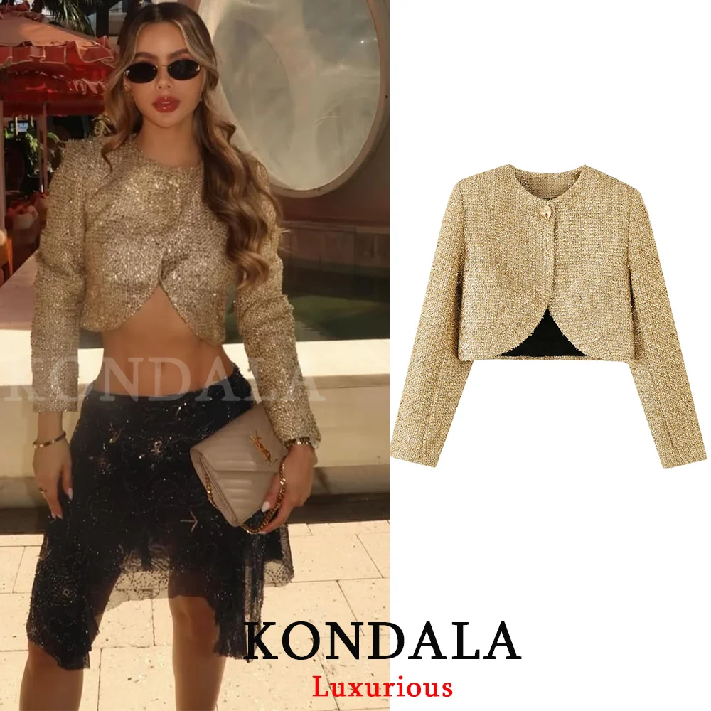 

KONDALA сексуальные шикарные короткие куртки с золотыми блестками, женские укороченные пальто с длинными рукавами и пуговицами, мода 2025 года, вечерняя клубная одежда для вечеринок