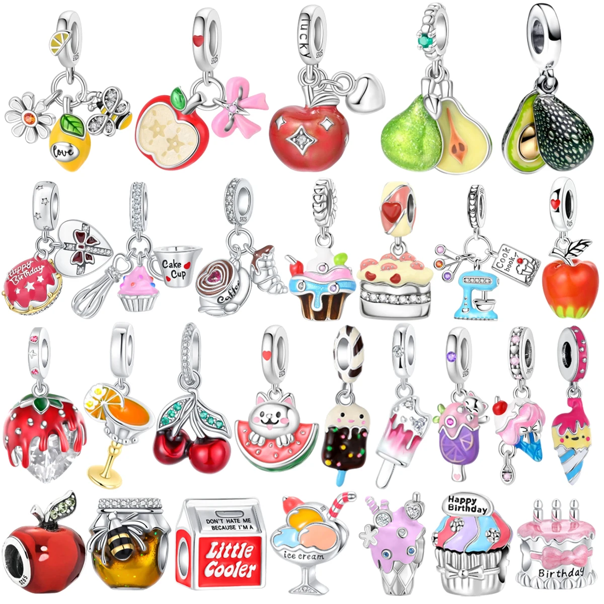 Original 925er Sterlingsilber, Apfel-Avocado-Eiscreme-Kuchen-Perlen-Anhänger, passend für DIY-Frauen-Halsketten, Armbänder, exquisite Schmuckgeschenke