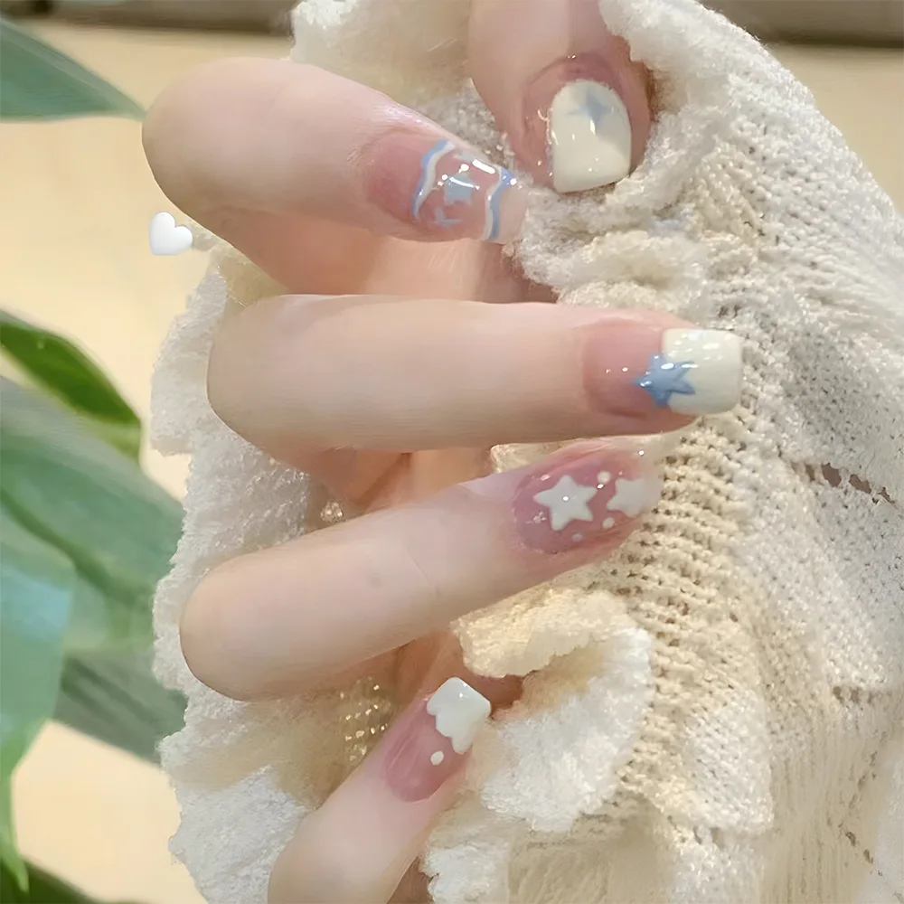 

24 Pcs Sweet Nail Tips Cute Stars Cheap False Nails Set Reusable Adhesive Nails Acrylic Press on Kawaii Stick-on Nails Wholesale