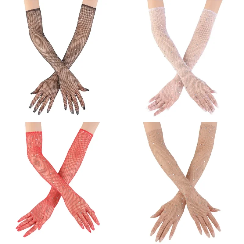 Long Gloves Women's Sexy Mesh Hollowed Out Black White Red Gloves Shiny Rhinestone Deco Party French Retro Style Fishnet Gloves