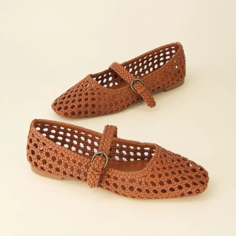 

Womens Woven Mary Jane Flats Leather Ballet Flats Business Style Chain Element Wool Inner Mid-aged And Elderly Citywalk Warmth