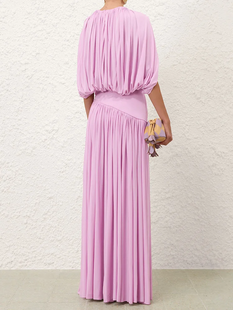 Vintage Two Pieces Solid Patchwork Matching Sets, Women Summer Casual O Neck Top Elegant Outfit, Maxi Skirts Simple Ladies Suits