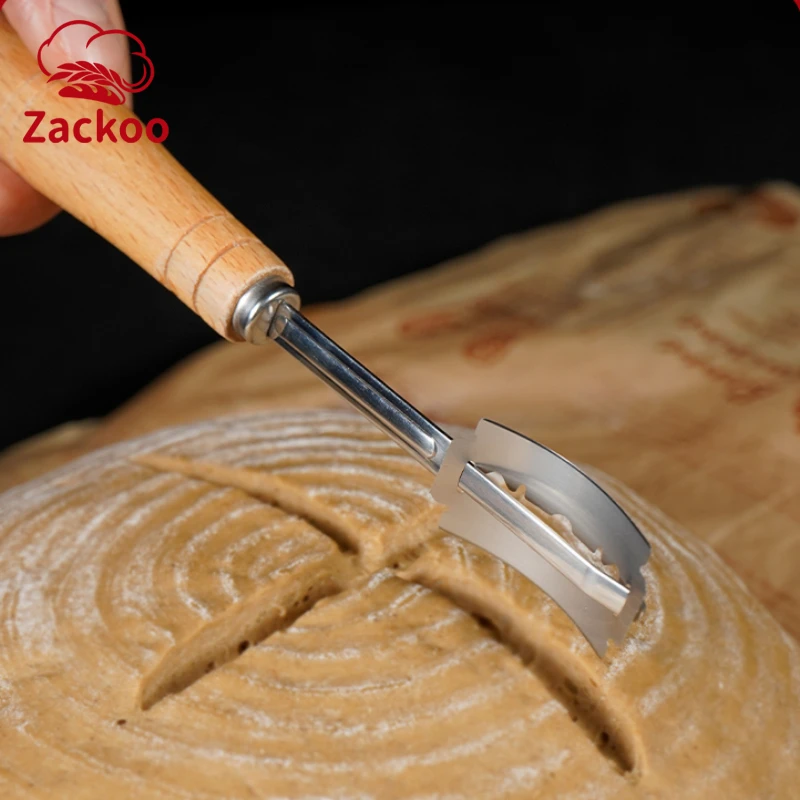 

Zackoo Curved Bread Cutter with Wooden Handle 5Pcs Blades Leather Protective Bakers Sourdoug Scoring Slashing Tool Toast Knife