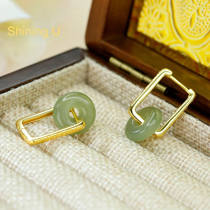 Shining U S925 Silver New Chinese Sytle Round Hetian Jade Drop Earrings Gold Plated Fine Jewelry Anniversary